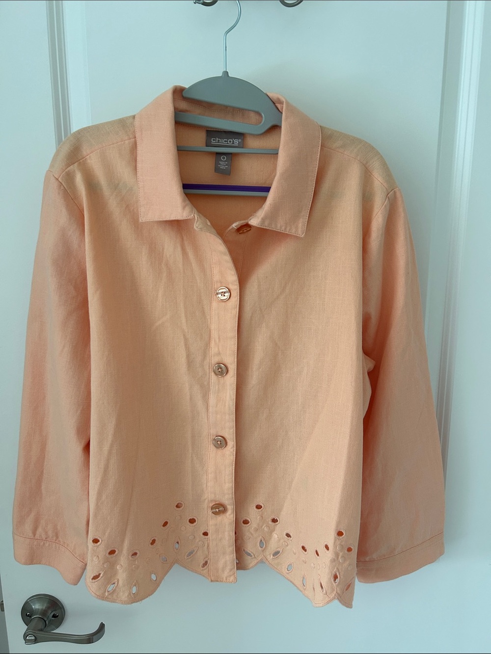 Chicos soft peach button up top. New